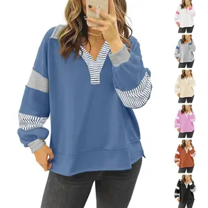Imily Bela Womens Color Block Oversized Sweatshirt V Neck Long Sleeve Casual Loose Pullover Tops