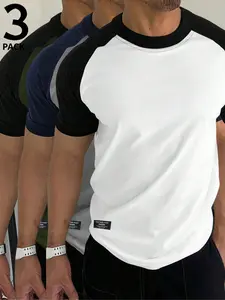 3 Pack Men’s T-shirt Color Block Raglan Sleeves Round Neck T Shirts Men’s T-shirt Short Sleeve Fitness T Shirt Gym Men's Athletic Shirts and Casual Sports