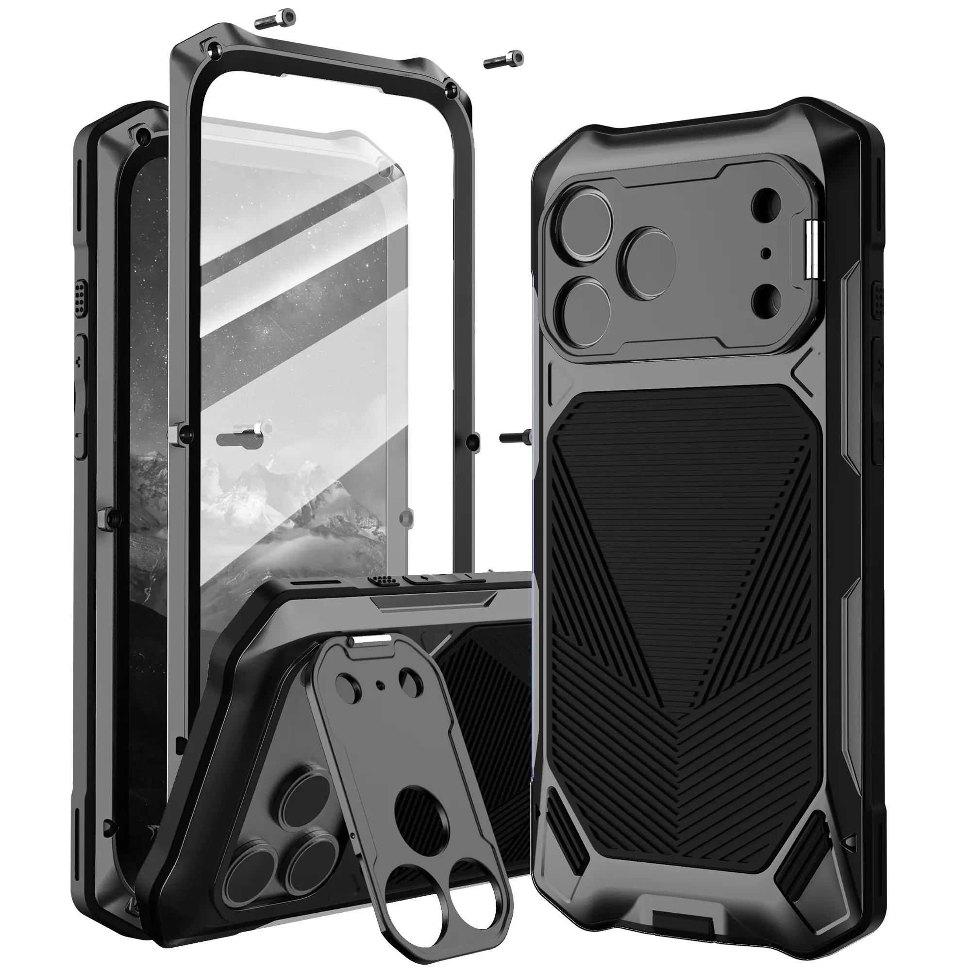 Heavy Duty Shockproof Anti-Drop Metal Phone Case with Built-in Kickstand for iPhone 17 Pro Max, Rugged Protection Mobile Phone Accessory, Accessories