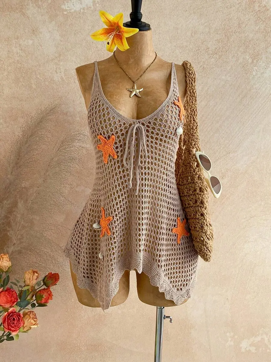 Women's Crochet Starfish Beach Cover Up Dress V Neck Mesh Swim Cover Up Vacation Resort Wear Boho Summer Beach Outfit