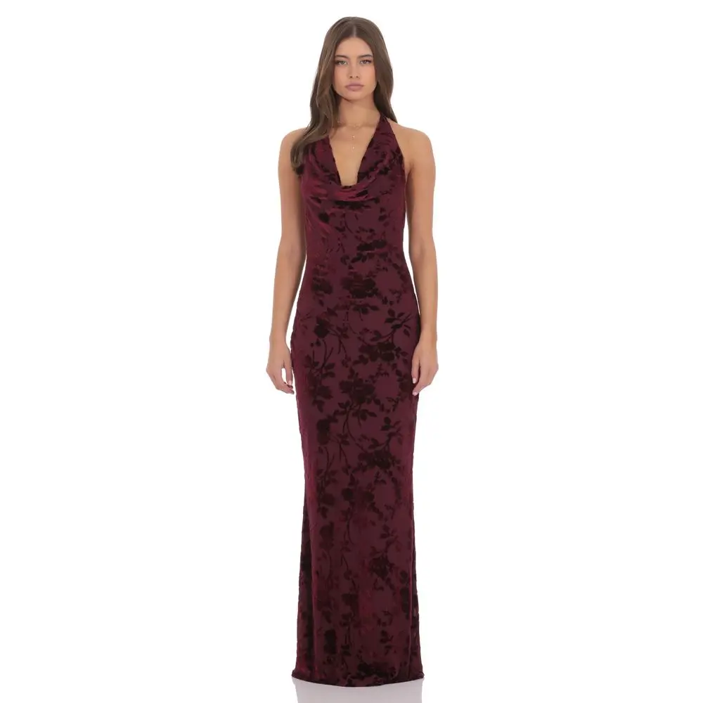 LUCY IN THE SKY Dog & Cat Velvet Floral Halter-Cowl Neck Maxi Dress, Plum, Women's Matching Zipper-Closure Stylish Formal Wear Garment