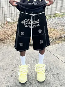 Lucky Four-Leaf Clover Embroidered Denim Shorts, Summer Casual Pants, Loose Wide-Leg, European Street Style, Slimming Seam Craftsmanship, Spring