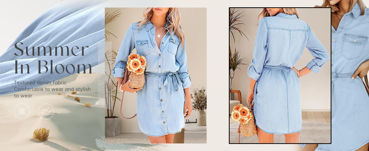 UTCOCO Women's Casual Long Sleeve Denim Shirt Dress Retro Tie Waist Classic Button Down Pockets Jean Shirt Dress Womenswear Light Blue