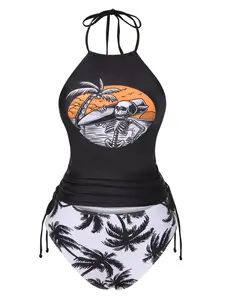 Black 1980s Punk Halter Skeleton Beach Print Bikini Set
