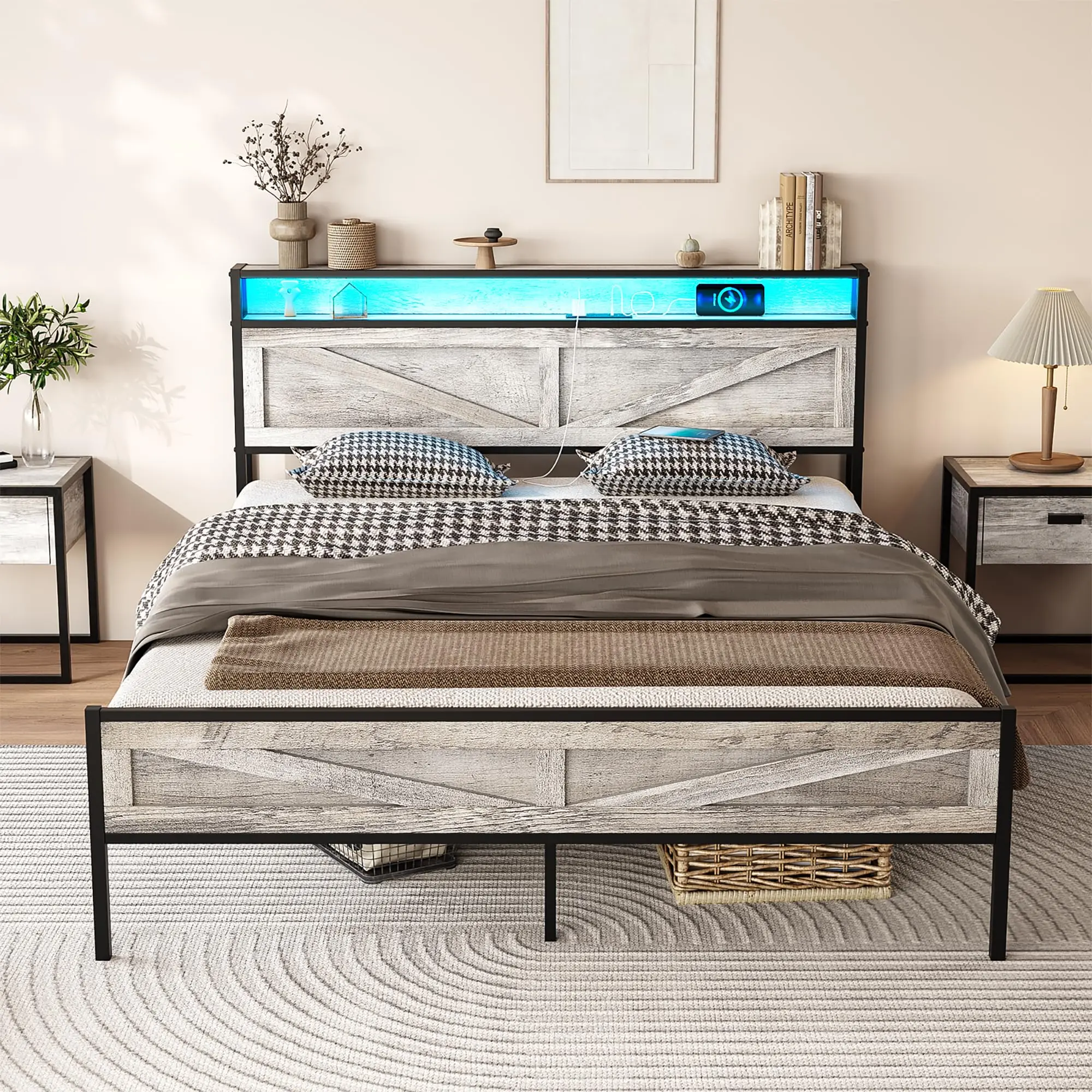[Summergarden] Vabches LED Platform Metal Bed Frame - Unique Bedroom Furniture with Charging Station, Headboard Storage, USB Ports, Outlets, Farmhouse Lights, Noise-Free Design for Bedroom