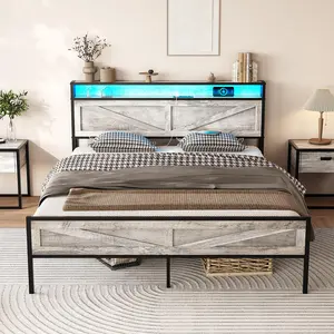 Vabches LED Bed Frame with Charging Station, Platform Metal Headboard Storage & USB Ports Outlets, Farmhouse Lights for Bedroom, Noise Free