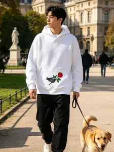 Men's Rose Print Hoodie Sweatshirt, Casual Sweatshirts, Casual Daily Wear, Long Sleeve Design, Fashionable for Outdoor and Business Trips