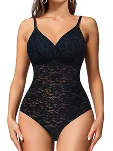 Women's Sexy Waist Cinching Body Shaper Lace Sheer V-Neck Strapless Slimming Underwear High Elastic Thong Corset Outer Wear Shapewear