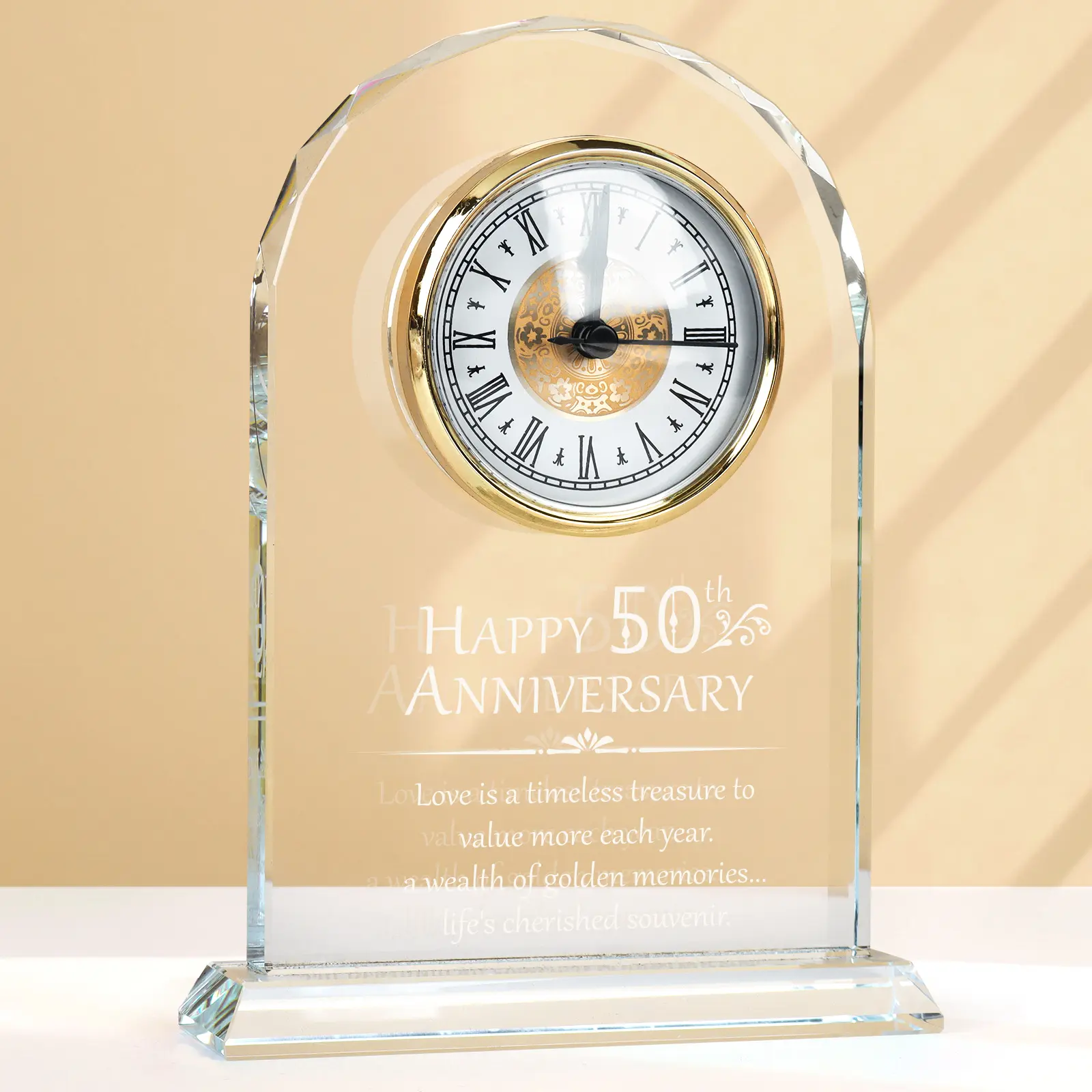 Durable Glass Crystal Quartz Analog Clock - 7.99x5.91x1.97in Home Supplies Tabletop Decoration, 50th Wedding Anniversary Gift for Couple Parents Symbolizing Resilience