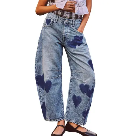 CHARTOU Women's Y2k Cotton Blend Barrel Jeans - Vintage Clothing, 90s Fashion Jeans, Baggy Wide Leg Distressed Pants for Women with Horseshoe Graphic, Heart Print, Button Detail for Holiday Streetwear
