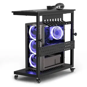 Computer Tower Stand, 2-Tire PC Stand with Rolling Wheels, Line Storage Rack, Adjustable Under Desk PC Cart, Mobile Rolling CPU Holder Cart for Home Office Gaming, Black