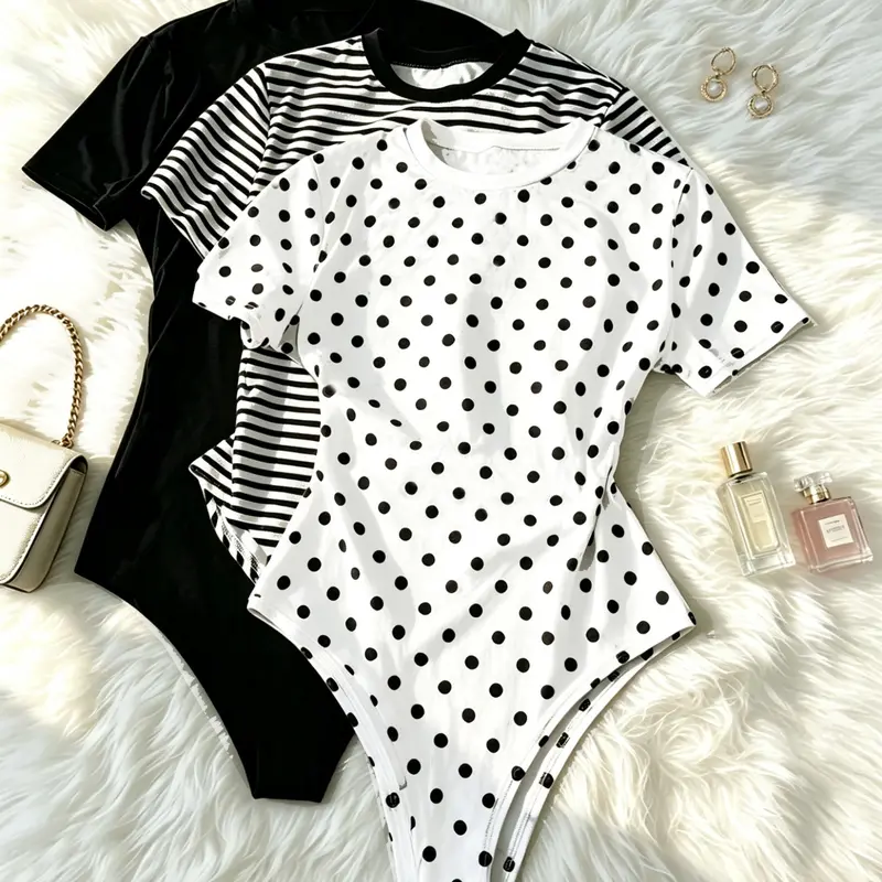 Women's Polka Dot Striped Plain Stretchy Tight Jumpsuit, Round Neck Slim Fit, Three-Piece Set All Seasons Fashion, Minimalist Trendy Style
