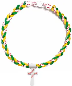 Tornado 3 Rope Necklace Baseball Stitch Clasp Green Yellow White + White Cross