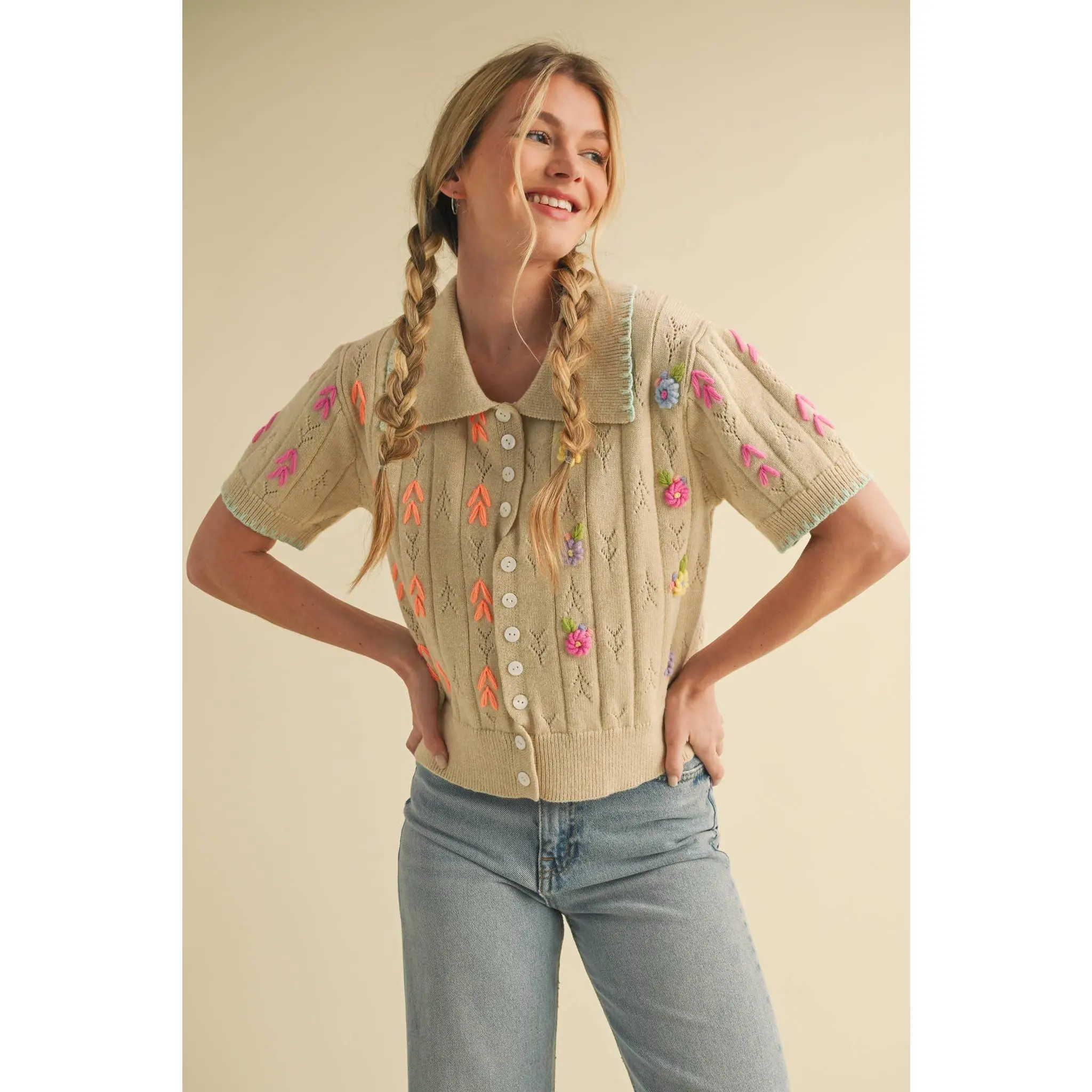 Hand Embroidered  Pointelle Crop Sweater