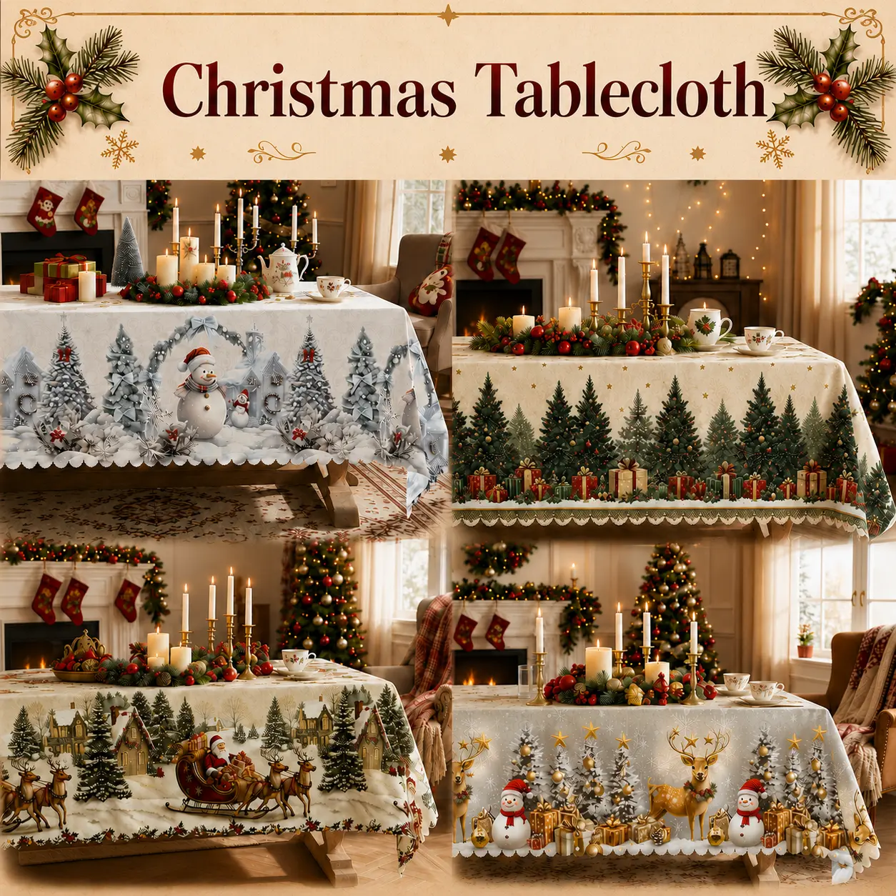 Christmas Tablecloth with Wreaths, Pine Trees, Ornaments, Snowflakes and Holiday Greenery, Classic Red and Green Theme, Round, Rectangular and Oval 60in Covers for Dining Rooms, Restaurants, Parties and Family Dinners polyester, washable, clearance sale