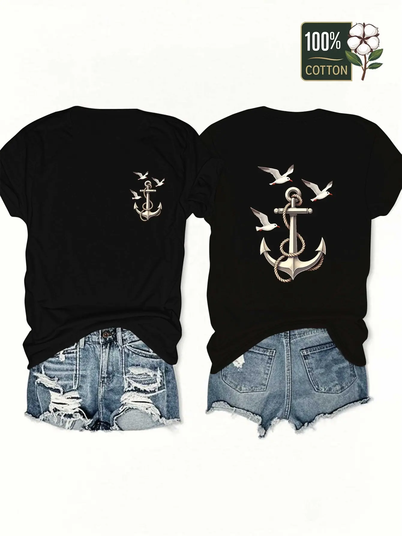 Ship anchor with seagulls Women's pure comfortable T-shirt, Relaxed Clothing, Summer Outfit, Coastal Style, Nautical Theme, Lightweight Shirt, Comfortable Fit, Short Sleeve Shirt, Printed Tee, Vacation Wear, Women's Fashion