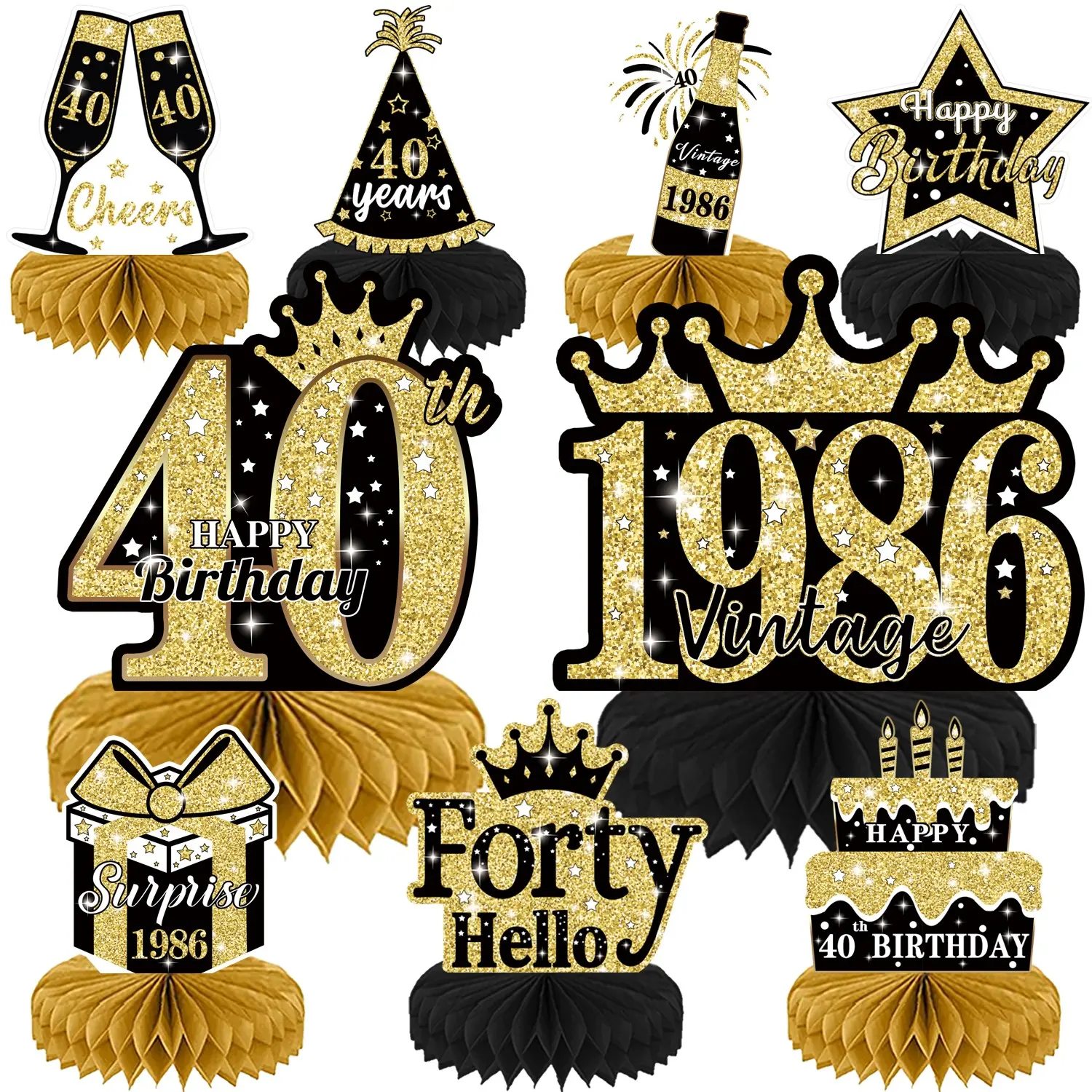 9 Pcs 40th Birthday Decoration Unique 40th Birthday Centerpieces Decorations Cheers to 40th Birthday Honeycomb Centerpieces 1986 Vintage Table Topper Black and Gold Birthday Party Favors