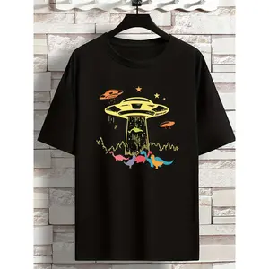 Summer Trend Imaginative Alien And UFO Print Short Sleeve Round Neck T-shirt For Sports, Leisurewear For Big And Tall Guys