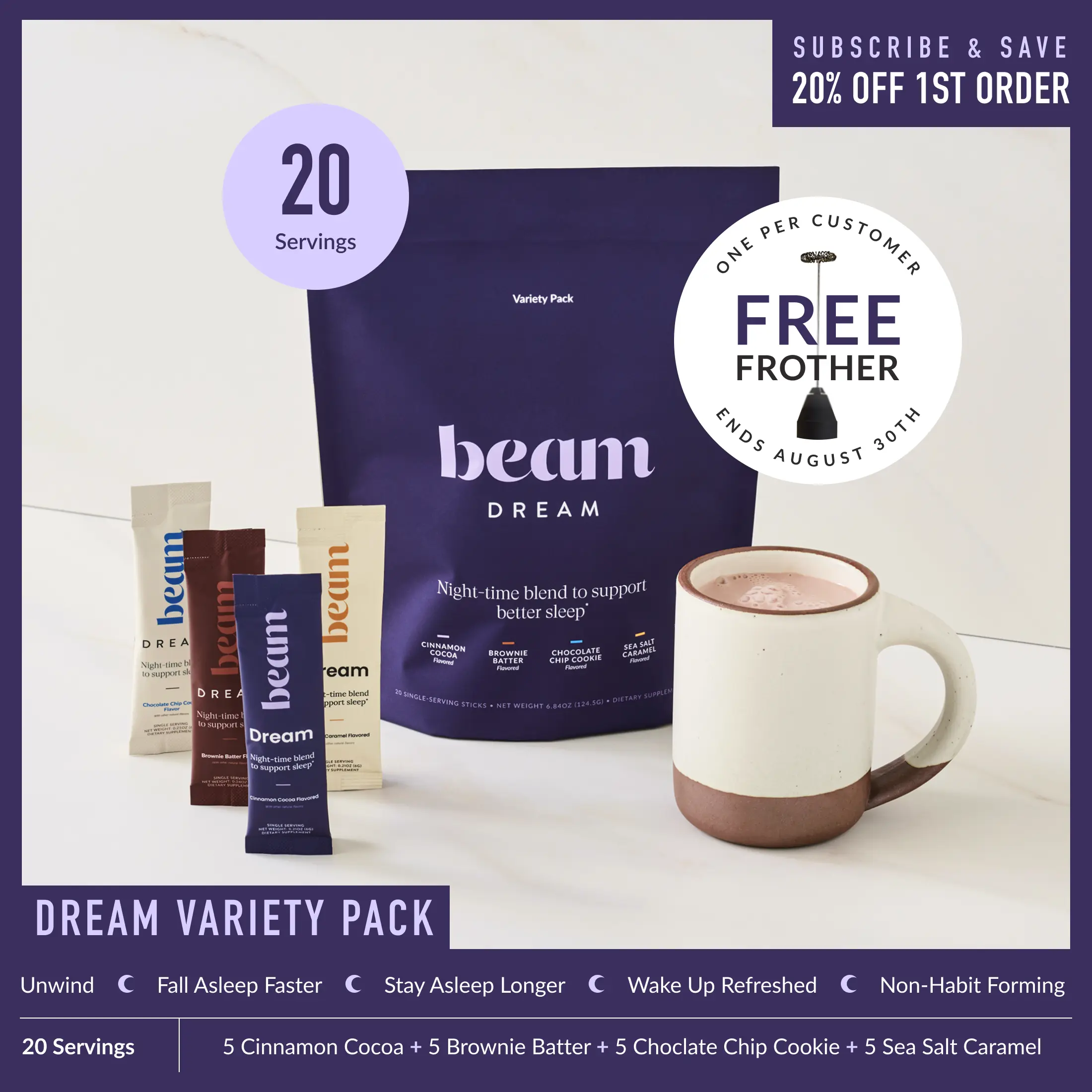 Beam Dream Nighttime Hot Cocoa Variety Pack - 20 Sticks Dietary Nutrition Supplement, Deep Sleep Aid with Melatonin, L-Theanine, Magnesium, 4 Flavors (Including Cinnamon), Dairy Free, Non Toxic, Functional Mushrooms, No Added Sugar | Back to school