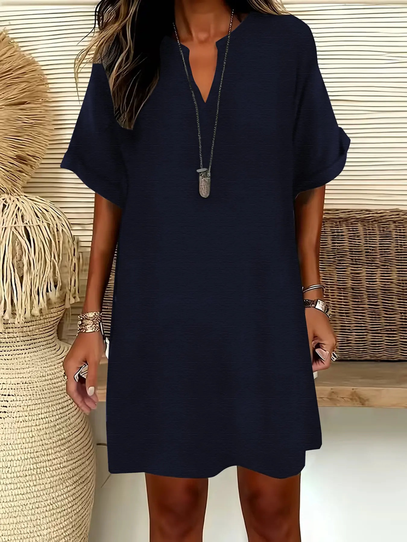 Women's Plain Notched-Neck Short Sleeve Midi Dress, Casual Chic Fashion  Drop Shoulder A-Line Dress for Summer, Comfortable and Stylish Dress -  TikTok Shop