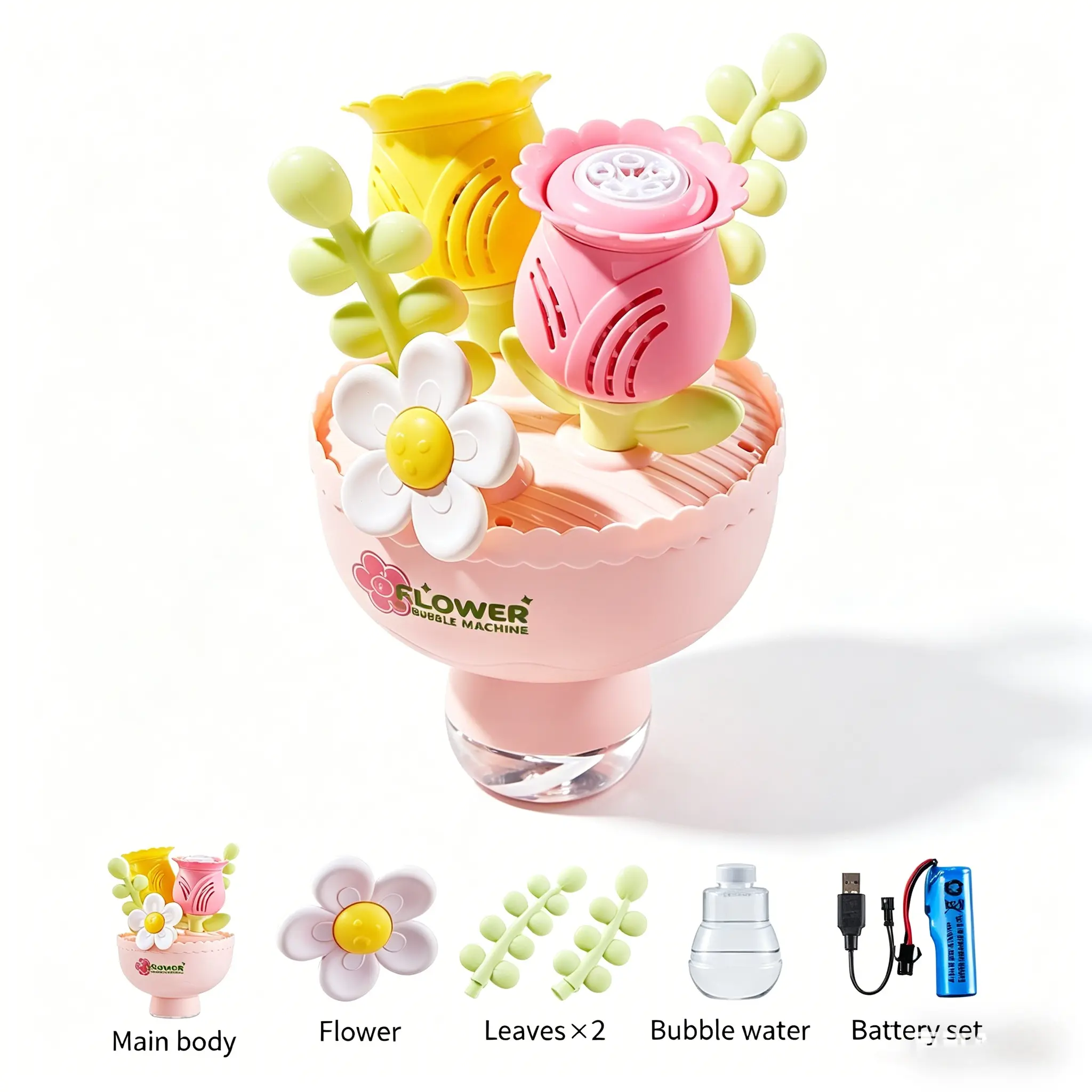 【Christmas Gift】Flower bouquet ornament, automatic bubble maker with lights, gift toy bubble machine