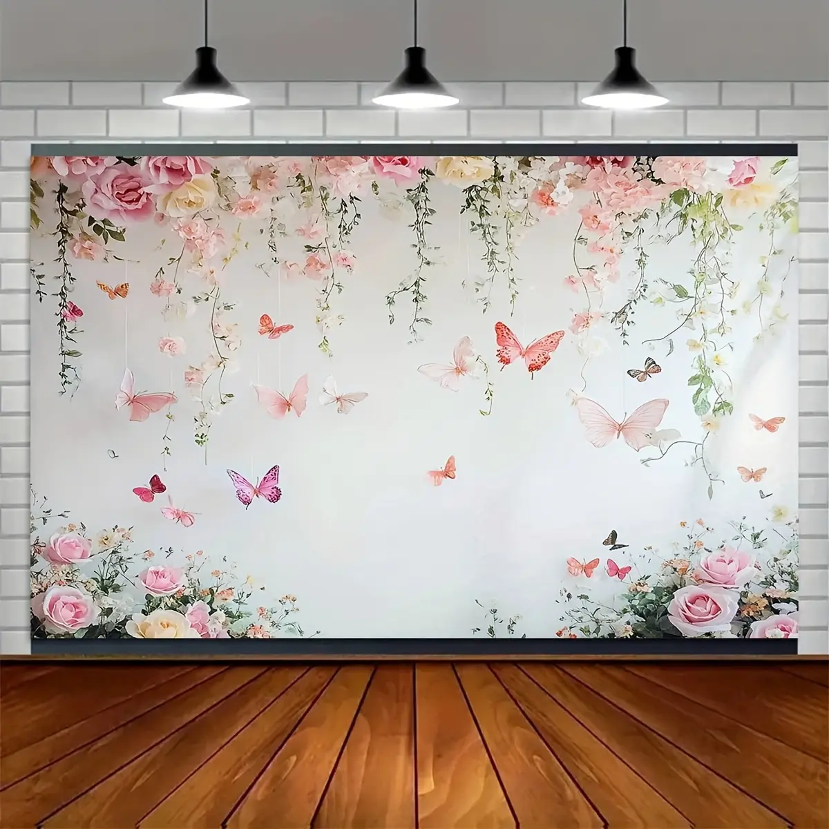 Polyester Floral Butterfly Tapestry Wall Hanging, Romantic Cascading Flower Banner with Print, Photography Backdrop & Artwork for Wedding Birthday Party Studio Home Decor Prop