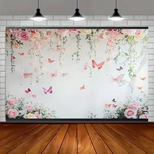 Floral Butterfly Backdrop Romantic Flower Butterfly Backdrop Cascading Floral Background Cloth Nature Tapestry Wall Hanging Photography Background Polyester Fiber Birthday Party Wedding Event Studio Decor Prop Wall Art