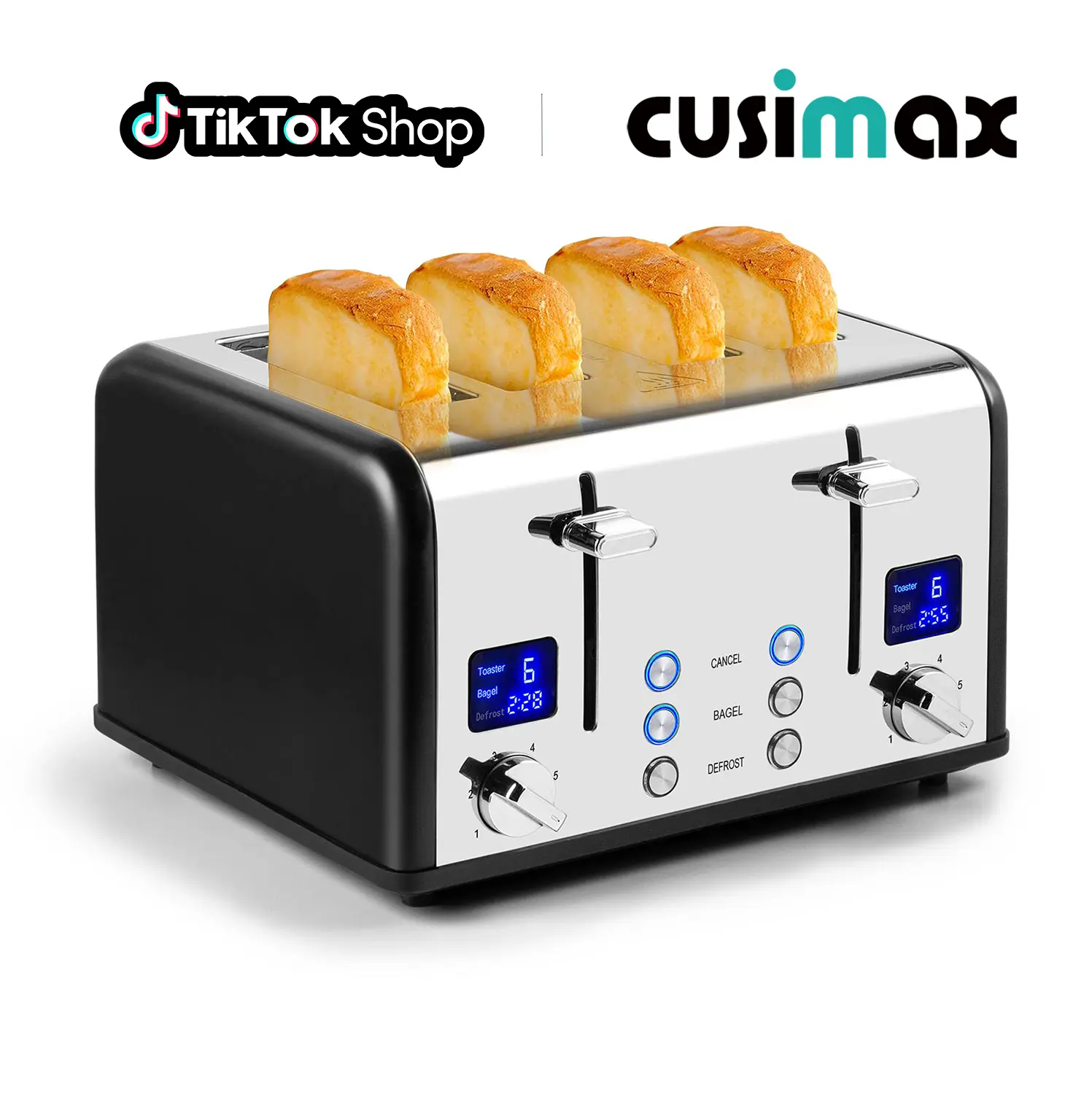 CUSIMAX 4-Slice Multifunction Toaster - 1650W Corded Kitchen Appliance, Compact Design, Ultra-Clear LED Display, Stainless Steel Extra-Wide Slots, Dual Control Panels, 6 Shade Settings, Cancel/Bagel/Defrost Functions, Kitchen Appliances,SummerFinds