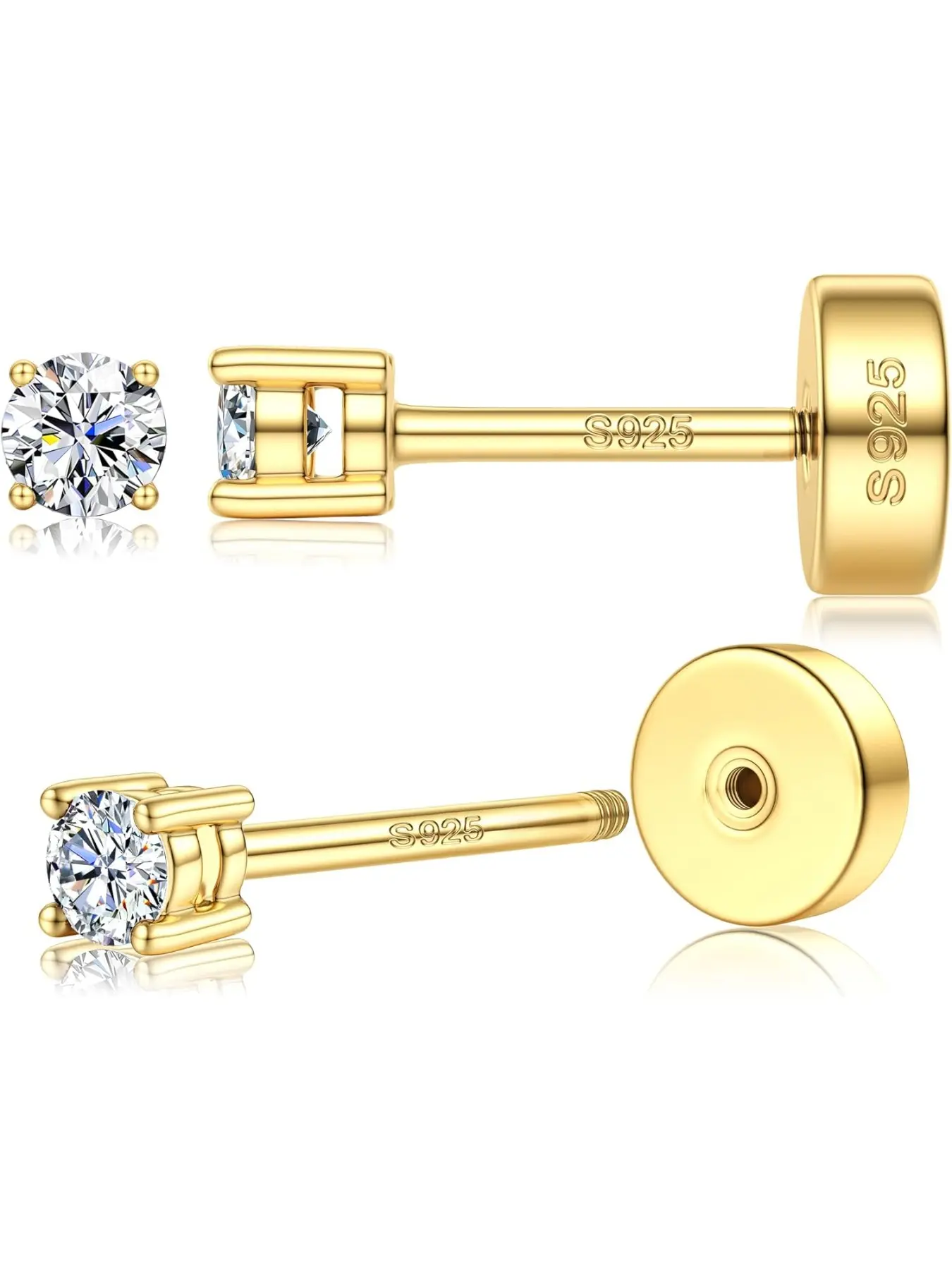 Gold Plated Moissanite Stud Earrings, Flat Back Earrings, Flat Pierced Earring, Hypoallergenic Lightweight Earrings, Small Round Cut D Color Vvs1, Hypoallergenic Jewelry Gift for Women & Men, High Quality Earrings, Earrings Studs
