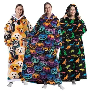 Cartoon Pumpkin Halloween Wearable Blanket Hoodie Oversized Soft Flannel Fabric Warm Cozy Blanket Gifts for Women with Giant Hood Pocket and Sleeves One Size Fits All