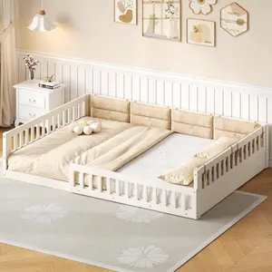 【Bellemave】Wood Full Size Upholstered Platform Bed with Guardrail and Pillow, Beige 【Bellemave】Wood Full Size Upholstered Platform Bed with Guardrail and Pillow, Beige