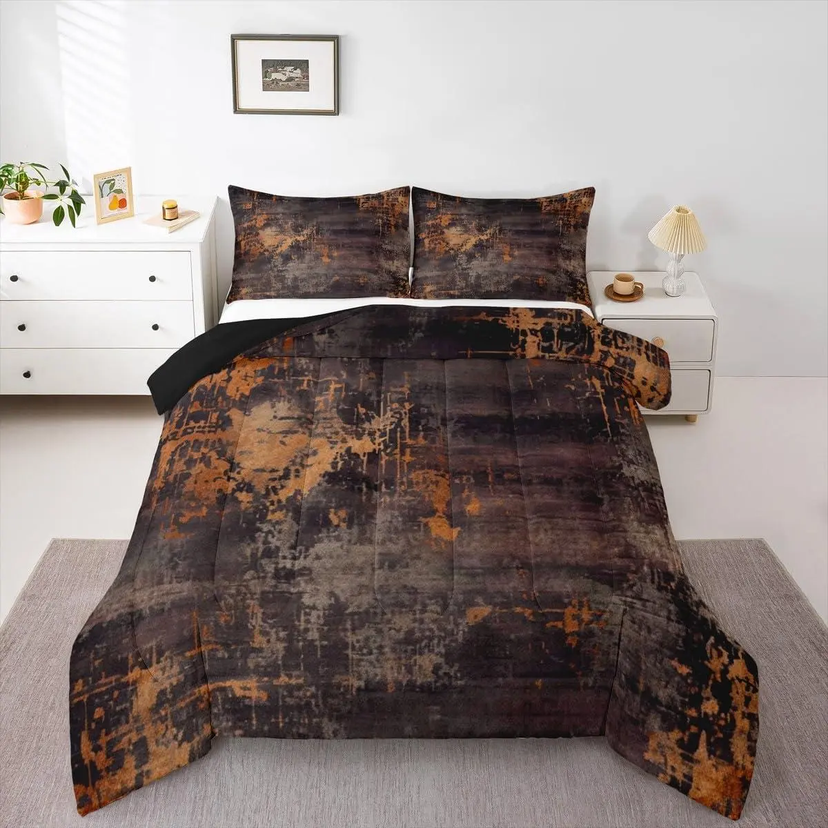 Abstract Watercolor Comforter Set for Kids Teens,Country Farmhouse Brown Orange Pastel Bedding Set,for Boys Men Vintage Batik Aesthetic Down Comforter Bedroom Decor