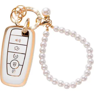 for Ford Key Fob Cover with Wrist Pearl Keychain Compatible for Ford Edge Escape Expedition Explorer Fusion Mustang Ranger Smart Remote