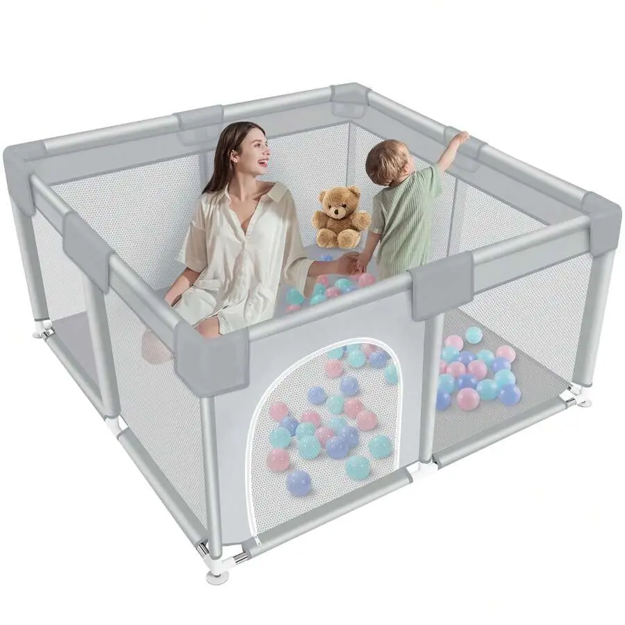 Extra Large Baby Playpen, 50x50 Inch Square Activity Center for Infants and Toddlers, Soft Mesh Indoor-Outdoor Secure Environment with Stable Non-Slip Base for Living Room, Backyard, Nursery, Portable