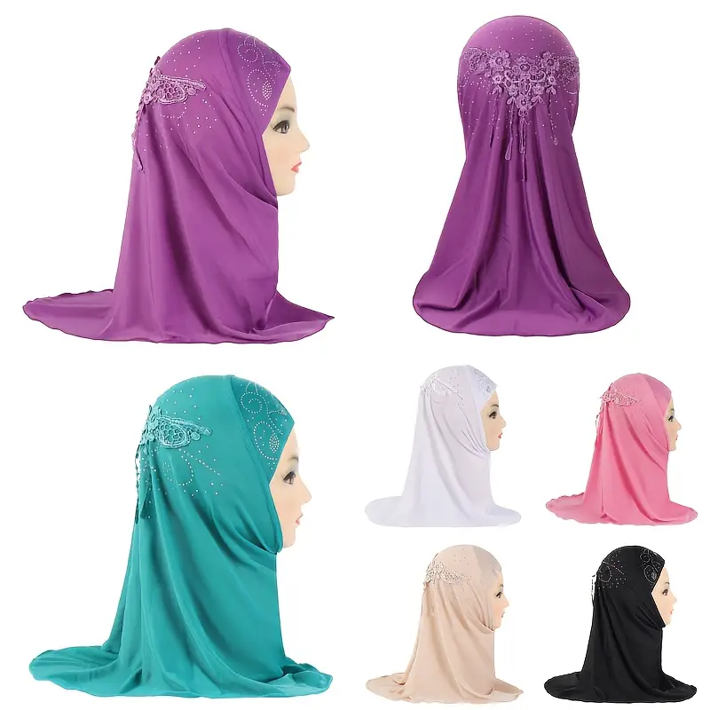 1pc Girls' Hijab with Lace and Rhinestone Embellishments, All-Season Knit Fabric Polyester 100%, Machine Washable - Middle Eastern Headscarf for -6 Mo