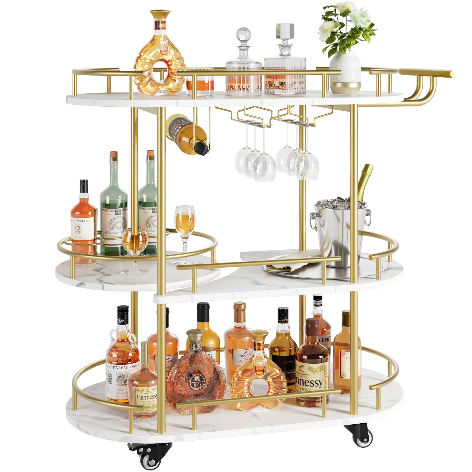 Sturdy Metal Frame Gold Bar Cart - 4-Tier, Wine Rack, Glass Holder, Castor Base Wheels, Metal Storage Shelves, Easy Setup - Elegant Mobile Serving Cart for Kitchen, Dining Room - Home Bar & Party Furniture, Bottles, Marble Panel