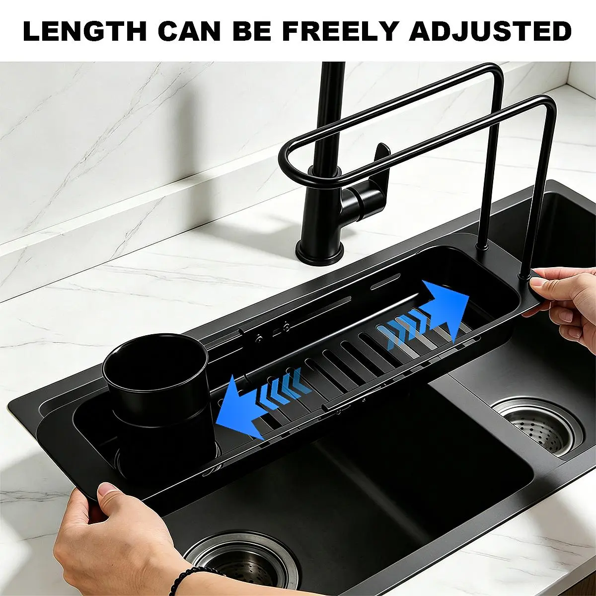 Stainless Steel Kitchen Caddy - Silver Black Finish, Adjustable-Expandable, Drain Strainer, Towel Holder, Dishcloth Holder, Built-In Debris Filter, Reusable Utensils & Cleaning Supplies Organizer