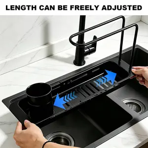 Kitchen Sink Caddy with Towel Rack Adjustable Length Silver Black Finish Dishcloth Holder Cleaning Supplies Organizer Built in Debris Filter Utensils Reusable Utensils