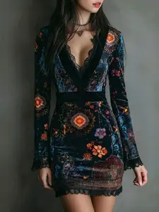 Bohemian Retro Floral Print V-Neck Velvet Bodycon Mini Dress
