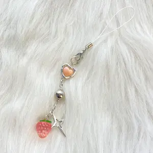 Sweet Strawberry Cross Star Heart Phone Chain, Japanese Style Girl Heart Car Bag Pendant, Cute Mobile Accessory, Charm, Cell Phone Charm, Phone Accessories