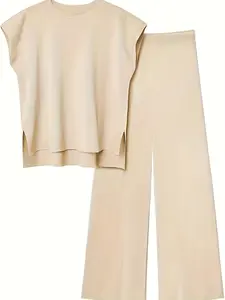 Women's Casual Home Set, Pajama Set, Fashion Solid Color Shoulder Sleeve Round Neck Knit Top & Straight Leg Pants, Comfortable Loungewear, Homewear, Nightwear