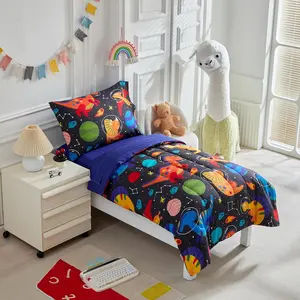 Kids Comforter Sheet Set Soft Breathable 4 Pieces Toddler Bedding Set Navy Space Dinosaur Includes Quilted Comforter Fitted Sheet Flat Top Sheet Pillowcase Toddler Pillowcase