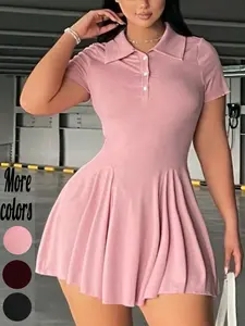 【Plus-Size】1 Piece Polo Collar Short Sleeve Flared Dress, Casual Active Style, Stretchy Fabric & Button Front Detail, For Curvy Women , Perfect for Tennis, Golf, Brunch & Daily Errands, Women's Plus-Size Active Skort Dresses | TikTok Viral Fashion