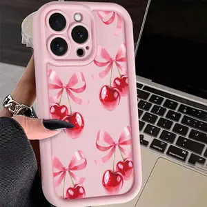 Cherry & Bowknot Pattern Phone Case, Cute Decorative Phone Protector Cover, Anti-drop Cellphone Protective Case, Total Protective Shockproof Mobile Phone Cover for iPhone 17 Pro Max Plus Air/ 16 15 14 13 12 11 Pro Max