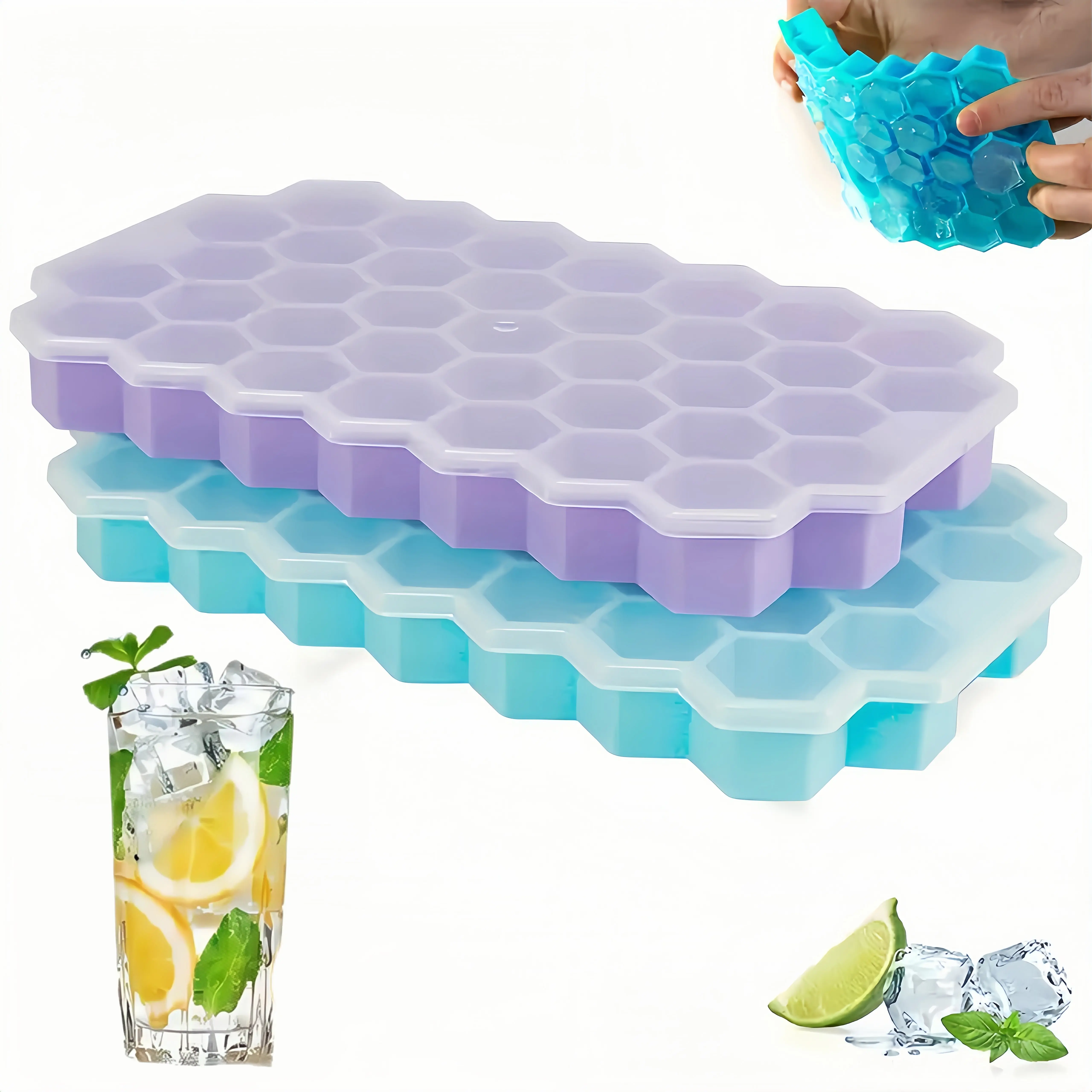 Honeycomb Silicone Ice Cube Mold with Lid, 37 Grid Ice Tray for Hexagon Ice Cubes, Flexible Reusable Ice Mold for Whiskey, Cocktails and Daily Kitchen Use