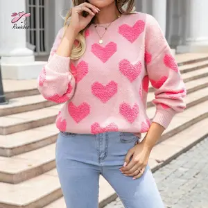 Women's Valentine's Day Loose Sweater Heart Pattern Long Sleeve Round Neck Knitwear Knit Tops