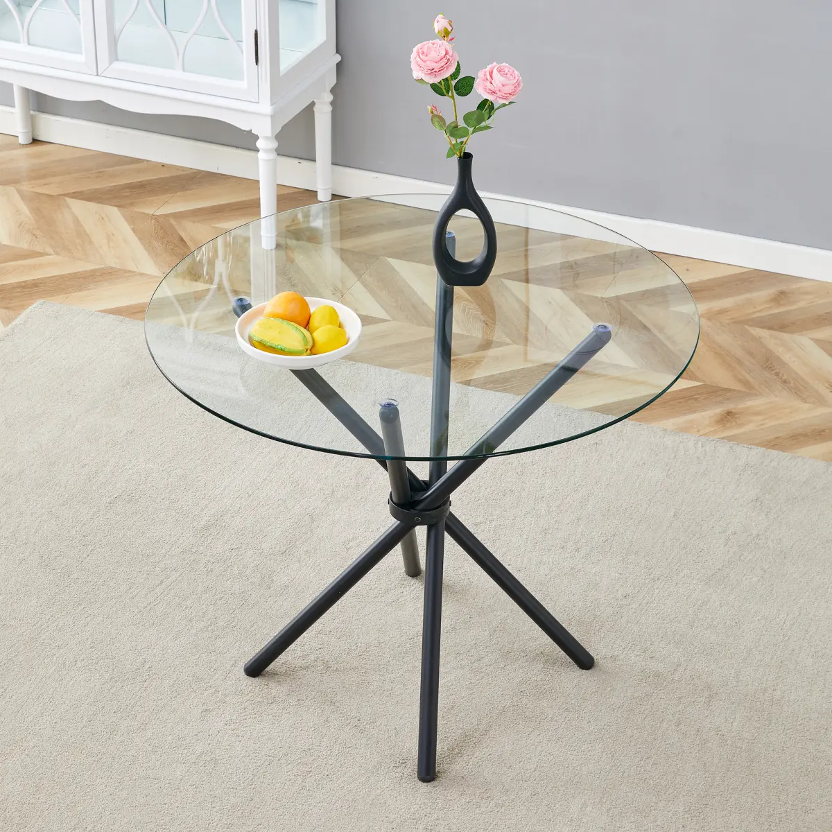 [Bellemave] 36.6 Inche Circular Dining Table, Transparent Tempered Glass Round Table with Metal Legs for Kitchen, Living Room