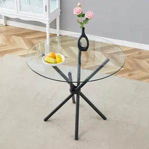 [Bellemave] 36.6 Inche Circular Dining Table, Transparent Tempered Glass Round Table with Metal Legs for Kitchen, Living Room
