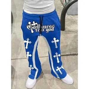 Men's Cross & Letter Print Graphic Drawstring Waist Flare Leg Pants, Street Fashion Casual Colorblock Pocket Elastic Waist Bell Bottom Trousers for Daily Wear, Men's Bottoms for Fall & Winter, Comfy Pants, Relaxed Fit Menswear
