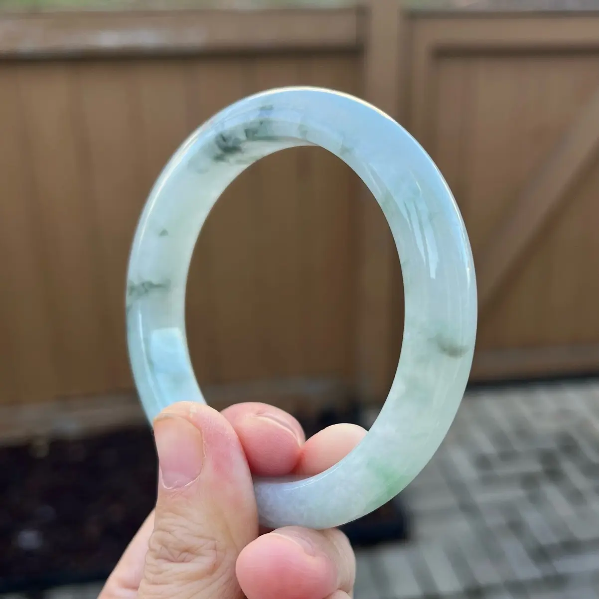 24177L Certified Untreated Grade A Jade Bracelet - Round 59.1mm (Burmese Jadeite Bangle, Icy Green Floral Pattern)